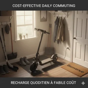 A flat-lay illustration of an electric scooter charging in a Canadian mudroom or garage, emphasizing cost-effective daily commuting.