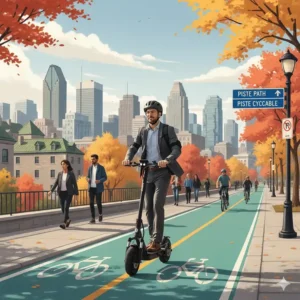 An illustration of an electric scooter on a designated bike lane in Montreal, showing bilingual French and English Piste Cyclable signage.