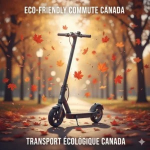 An eco-conscious illustration of an electric scooter surrounded by maple leaves, representing sustainable commuting in Canada.