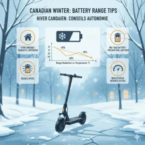 A diagram showing electric scooter battery performance and cold-weather range tips for Canadian winter commuting.