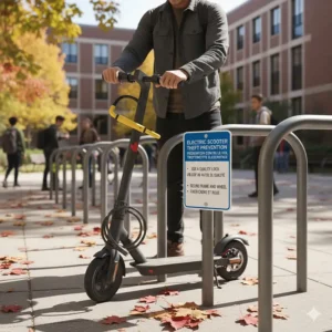 An illustration showing the best ways to secure an electric scooter using a U-lock at a Canadian university or office park.