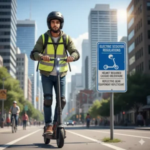 Illustration of a rider wearing a helmet and reflective gear, highlighting safety standards for electric scooter commuting in Canada.
