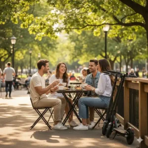 A group of friends enjoying a coffee break with their folded electric scooters parked nearby in a Canadian urban park.