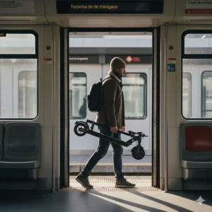 Commuter carrying a compact folded electric scooter onto a Canadian public transit train for multi-modal travel.