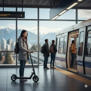 A person folding a lightweight electric scooter to board a Canadian public transit train, ideal for multi-modal commuting in Vancouver.