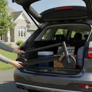 Lightweight foldable electric scooter being stored in a car trunk for a Canadian weekend road trip.