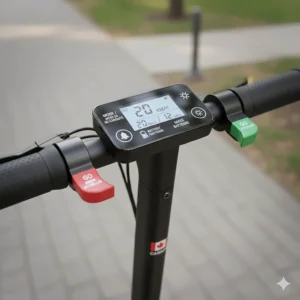 Close-up of electric scooter handlebars showing safety features and bilingual EN-FR user interface for the Canadian market.