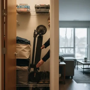 Compact foldable electric scooter stored in a small Vancouver apartment closet during the Canadian winter season.