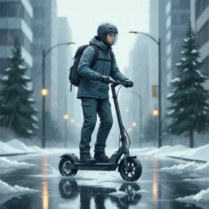 A standing electric scooter designed for Canada weather, showing waterproof features for rain and light slush.