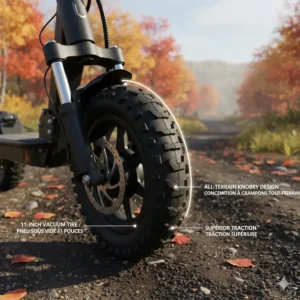 Close-up illustration of 11-inch knobby vacuum tires on an off-road electric scooter for maximum dirt traction.