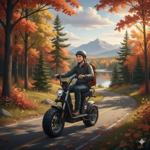 Illustration of a robust electric scooter with seat navigating a paved trail in a Canadian provincial park.