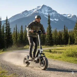 Rugged all-terrain smart electric scooter with dual motors navigating a gravel park trail in Canada, perfect for weekend recreational use.
