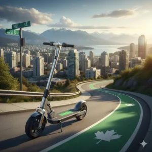An illustration of an IP-rated long range electric scooter withstanding light rain and wind on a typical Canadian spring day.