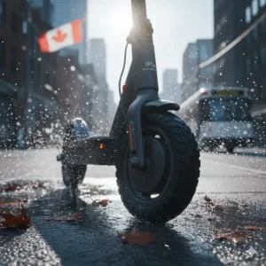 Close-up of electric scooter tires with IP-rated water resistance, suitable for wet Toronto spring or light Canadian winter conditions.