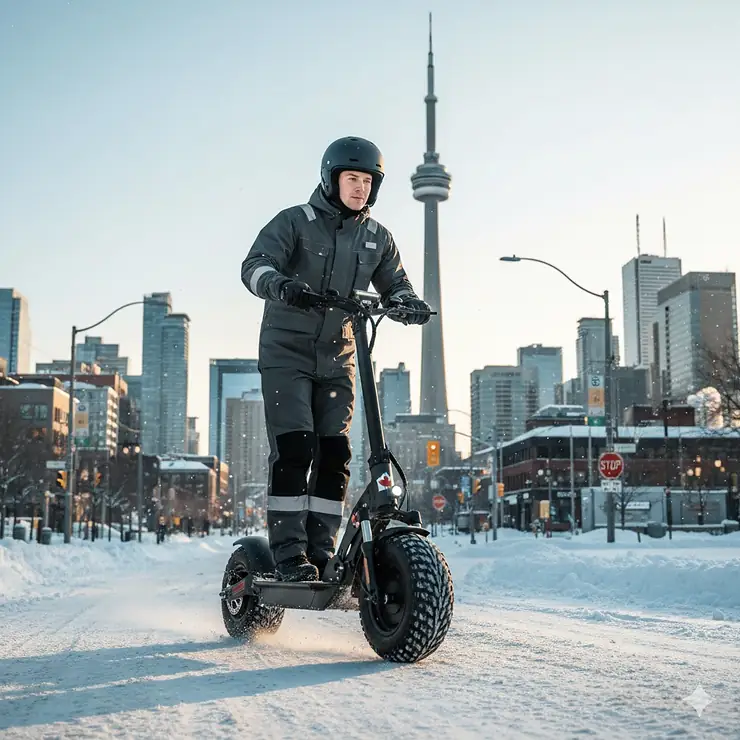 A person riding a robust electric scooter for winter through a snowy Toronto street with the CN Tower in the background.