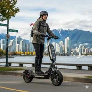 A person riding a long range electric scooter in Canada past the Vancouver skyline, showcasing urban commuting efficiency.