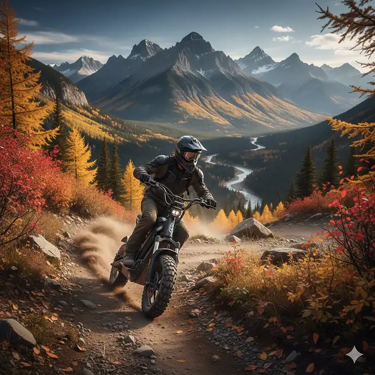 A powerful off-road electric scooter handling a rugged dirt trail in the Canadian Rockies during autumn.
