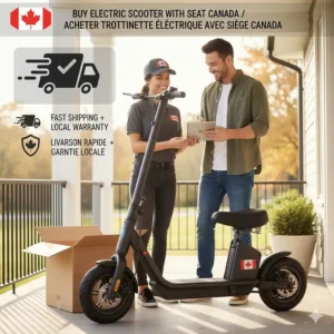 Iconography representing fast shipping and local Canadian warranty support for seated electric scooters.