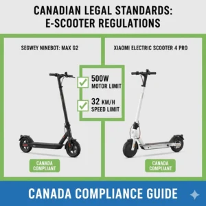Compliance checklist for Canadian electric scooter laws showing the 500W motor and 32 km/h speed limits for Segway and Xiaomi models.