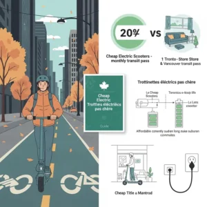 An illustration of an electric scooter charging from a standard Canadian 120V wall outlet in a home garage.