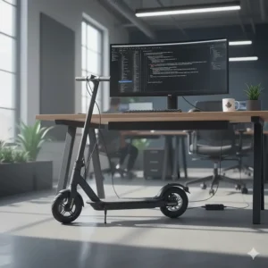 A quick fold electric scooter charging discreetly under an office desk in a Canadian tech hub.