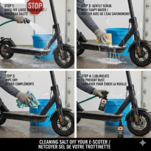Step-by-step guide to cleaning road salt and slush off a scooter frame to prevent corrosion and rust.