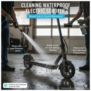 Illustration demonstrating how to clean road salt off a waterproof electric scooter after a slushy Canadian spring ride.