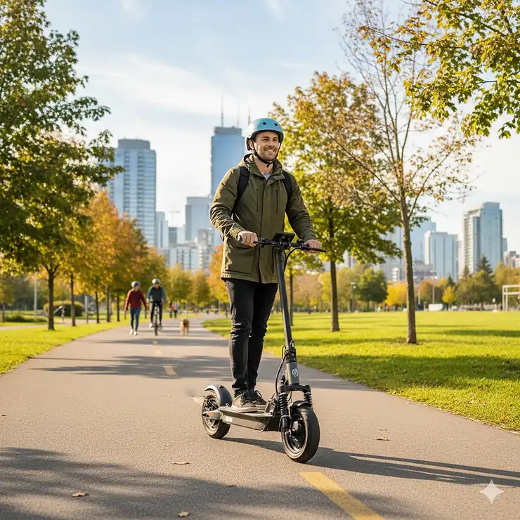 A person riding a comfortable electric scooter with dual suspension on a paved Canadian urban trail during a bright morning.