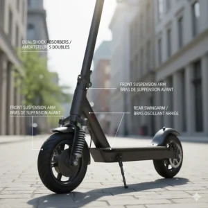 Technical illustration of a comfortable electric scooter’s shock absorption system designed for uneven city streets in Toronto or Montreal.