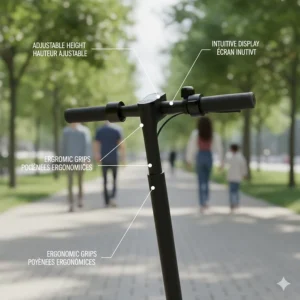 A side-profile illustration highlighting the adjustable, ergonomic handlebars of a comfortable electric scooter suitable for diverse rider heights.