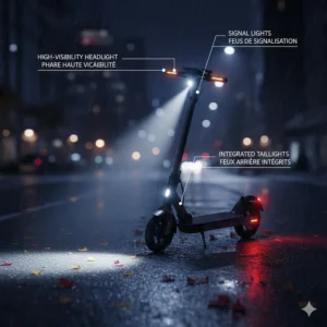 Illustration of high-visibility LED lighting on a comfortable electric scooter, essential for early sunset commutes during Canadian autumn and winter.