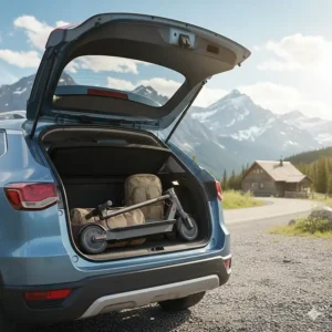 A quick fold electric scooter fitting perfectly into the trunk of a compact car for weekend trips.