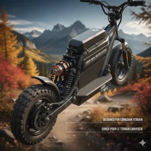 Technical illustration of dual 1000W motors on an off-road electric scooter for steep Canadian inclines.