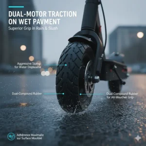 Close-up illustration of specialized tires on a waterproof electric scooter providing grip on slippery, wet Canadian asphalt.