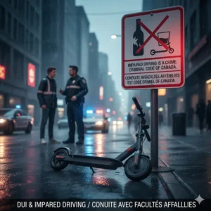 A warning graphic explaining that the Canadian Criminal Code applies to impaired operation of electric scooters on public roads.