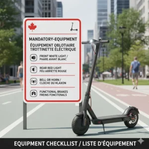 Illustration showing mandatory e-scooter equipment including front white lights, rear red lights, and a functional bell or horn.