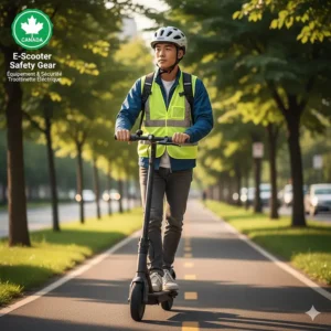 Illustration of a rider wearing a CSA-approved helmet and reflective vest as required by Canadian provincial electric scooter laws.