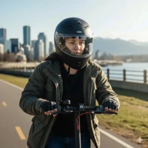 A rider wearing a CSA-approved safety helmet while operating a high speed electric scooter along a Canadian waterfront path.