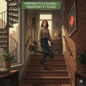 A green-themed graphic showing a cheap electric scooter as a sustainable alternative for exploring Canadian parks and trails.