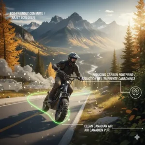 Stylized graphic of an off-road electric scooter reducing carbon footprint in a Canadian urban-to-trail setting.