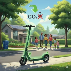 A green-themed illustration showing a standing electric scooter helping reduce carbon emissions in a Canadian suburban neighborhood.