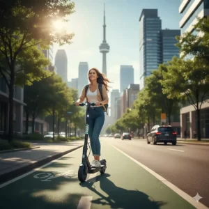 Modern graphic representing green mobility and zero-emissions travel using an urban electric scooter in Toronto's bike lanes.