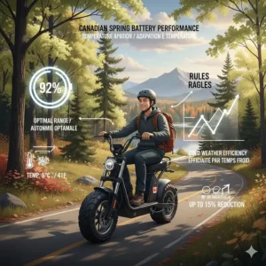 Infographic showing how an electric scooter with seat battery performs during a Canadian spring morning.
