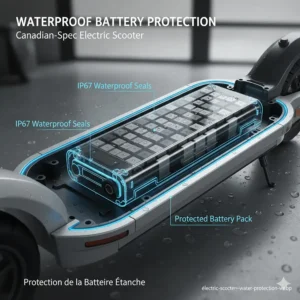 Illustration showing the internal waterproof seals and protected battery compartment of a Canadian-spec electric scooter.