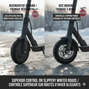 Illustration of regenerative vs. disc braking systems for controlled stopping on slippery Canadian winter roads.