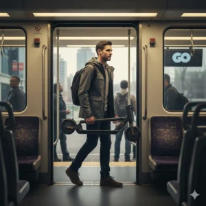 Canadian commuter carrying a lightweight smart electric scooter onto public transit, demonstrating the "last-mile" solution for city travel.