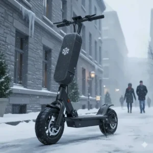A high speed electric scooter with a thermal-insulated battery designed for Canadian winter temperatures, shown in a snowy urban setting.