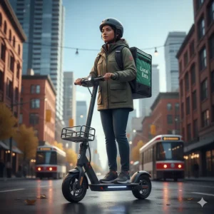 Eco-friendly smart electric scooter being used for food delivery in a Canadian downtown core, highlighting zero-emission urban logistics.