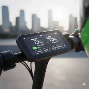 Close-up of a high speed electric scooter's digital dashboard featuring bilingual English and French language settings.