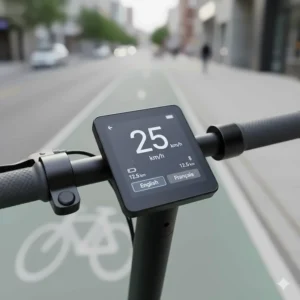 Digital interface of a smart electric scooter showing bilingual English and French settings for Canadian users.